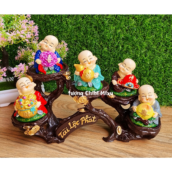 Bộ 05 chú tiểu Ngũ Phúc 7cm kèm chân đế Tài Lộc Phát